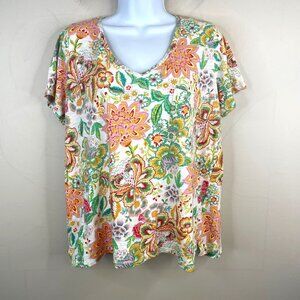 FatFace Organic Cotton Top Womens 14 Green Pink Floral Vacation Cruise Colorful